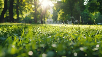 Sunlight filtering through lush trees in a peaceful park. Suitable for nature and outdoor themes - obrazy, fototapety, plakaty