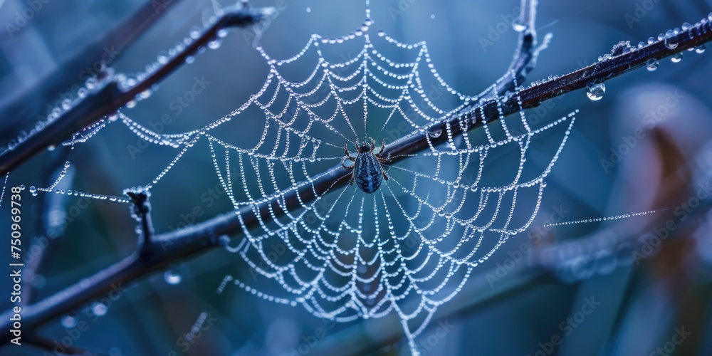 Poster close-up of a spider web with water droplets. perfect for nature themes