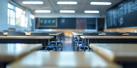 
Empty classroom, empty benches, blurred background