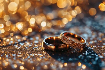 Glamorous wedding rings on a bright wedding background with copy space.
