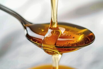 Honey pouring down from a spoon on a white background.