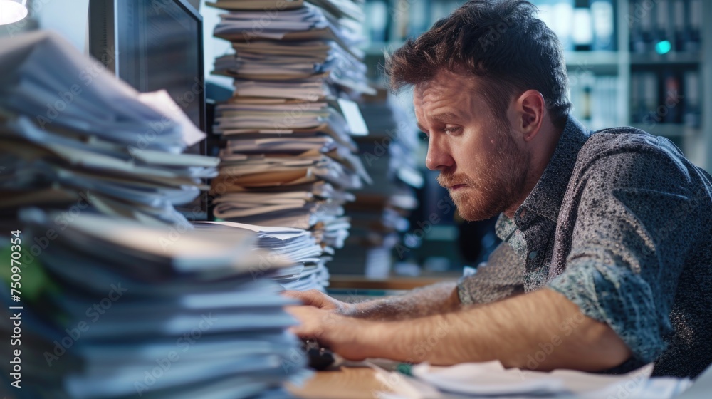 Poster a man sitting at a desk with a pile of papers. suitable for office and business concepts