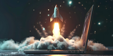 3d render space rocket blast from a laptop on table 