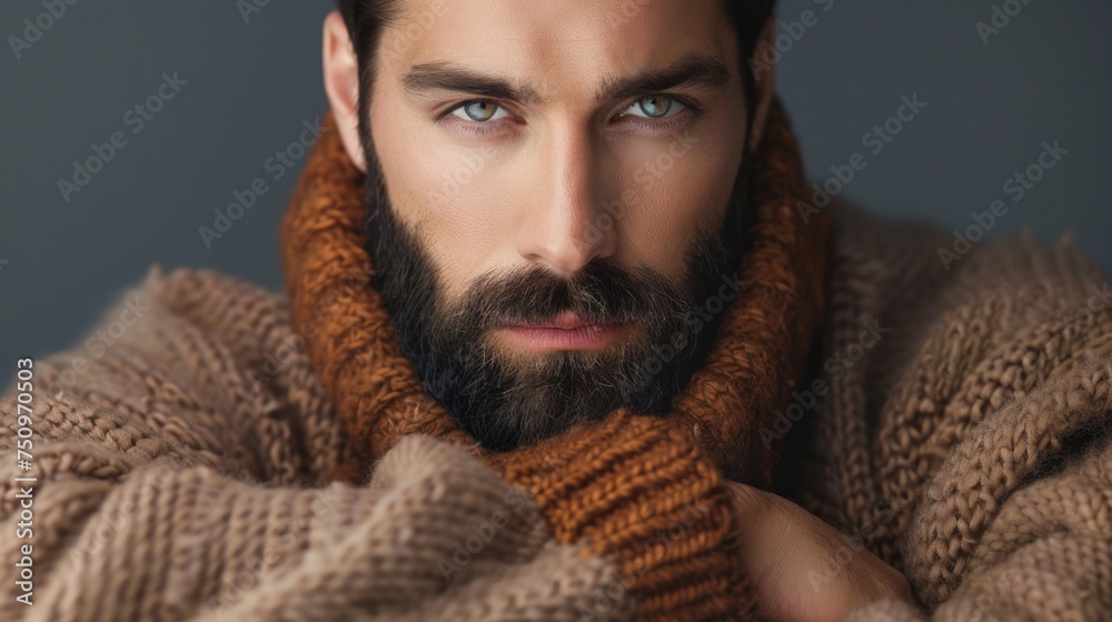 Poster A man with a beard wearing a sweater. Suitable for various projects