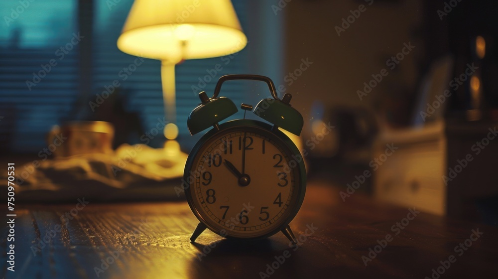 Poster an alarm clock on a wooden table, perfect for time management concepts