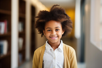 Smiling student girl. Portrait of happy african american young girl outside the primary school....