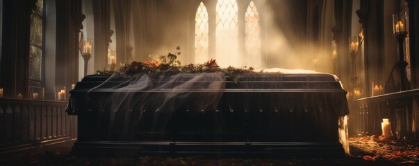 Coffin in the middle of a church at funeral with mystic light, banner. Generative Ai. - obrazy, fototapety, plakaty