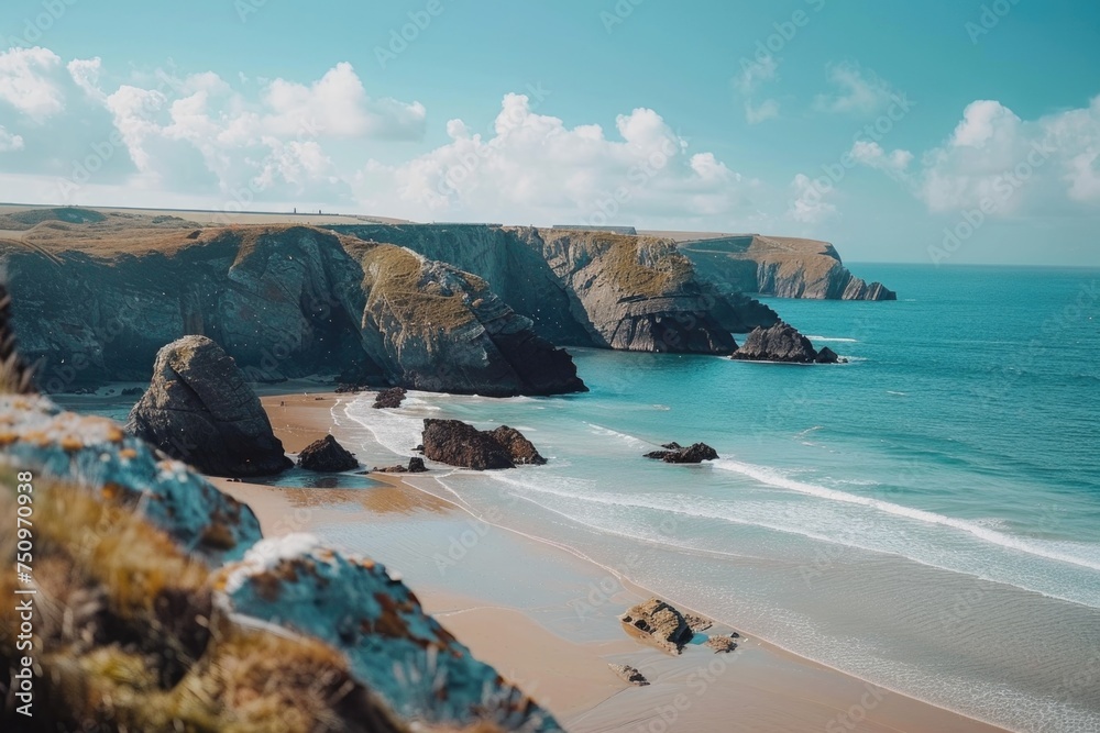 Poster a scenic view of the ocean from a high vantage point. suitable for travel and nature themes