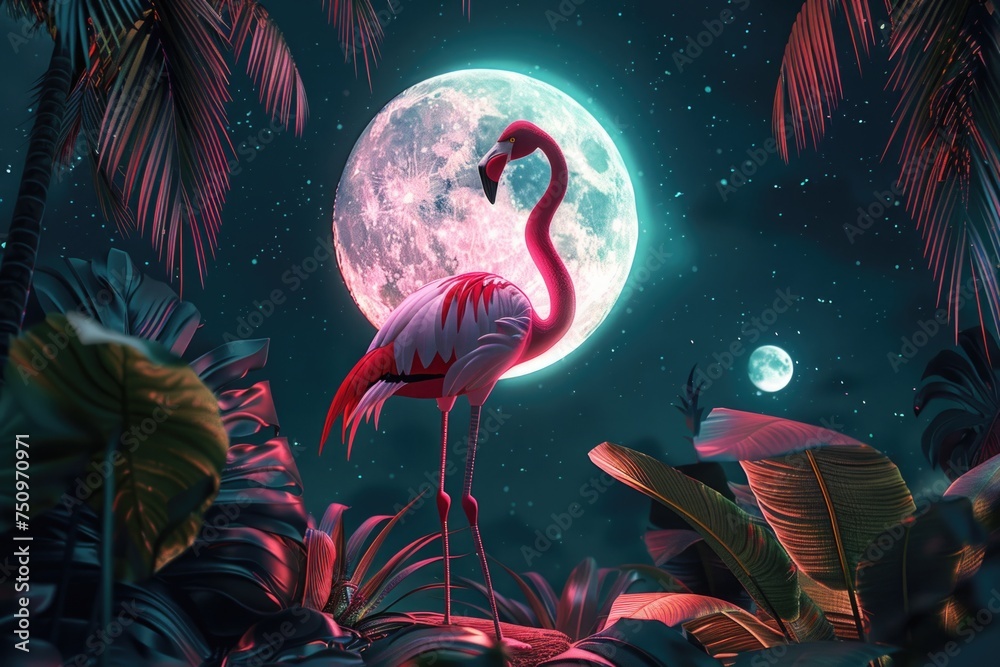 Aufkleber a flamingo standing in a jungle with a full moon in the background. suitable for nature and wildlife