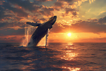 A humpback whale jumping out of the sea water at a beautiful sunset 