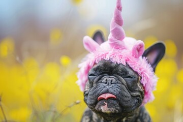A cute small dog wearing a pink unicorn hat, perfect for pet lovers or fantasy themed designs