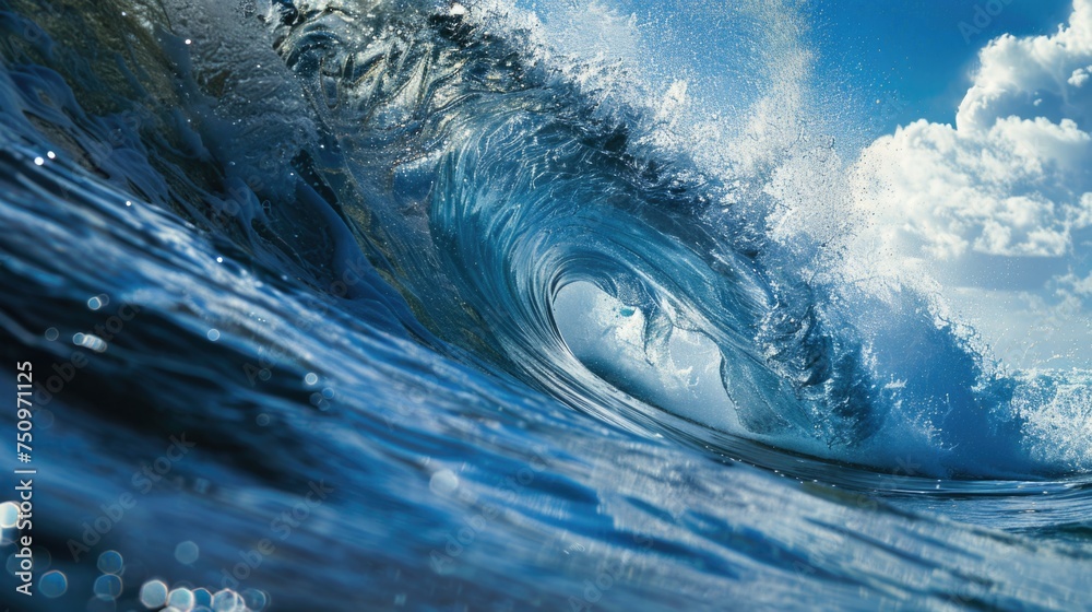 Poster A large wave breaking in the ocean. Ideal for travel and nature concepts
