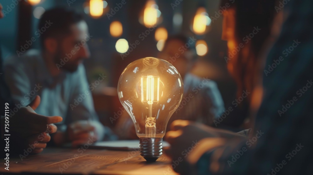 Poster a light bulb placed on a wooden table. suitable for various concepts and designs