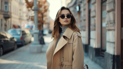 Stylish woman in trench coat and sunglasses on urban street, suitable for fashion or detective themes