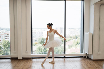 Young Caucasian classical ballet dancer woman in dance class. Beautiful graceful ballerina practice...