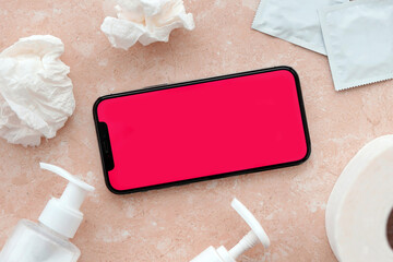 Mockup for adult content website or app on smartphone display with porn watching attributes for masturbation. Copy space