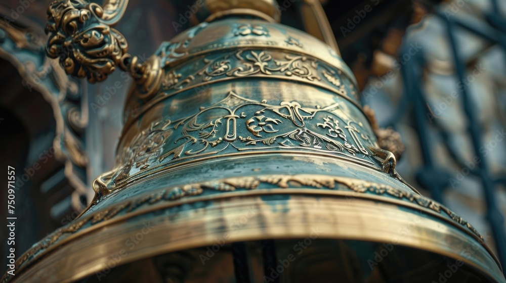 Poster Close-up of a bell with a building in the background. Suitable for various architectural concepts