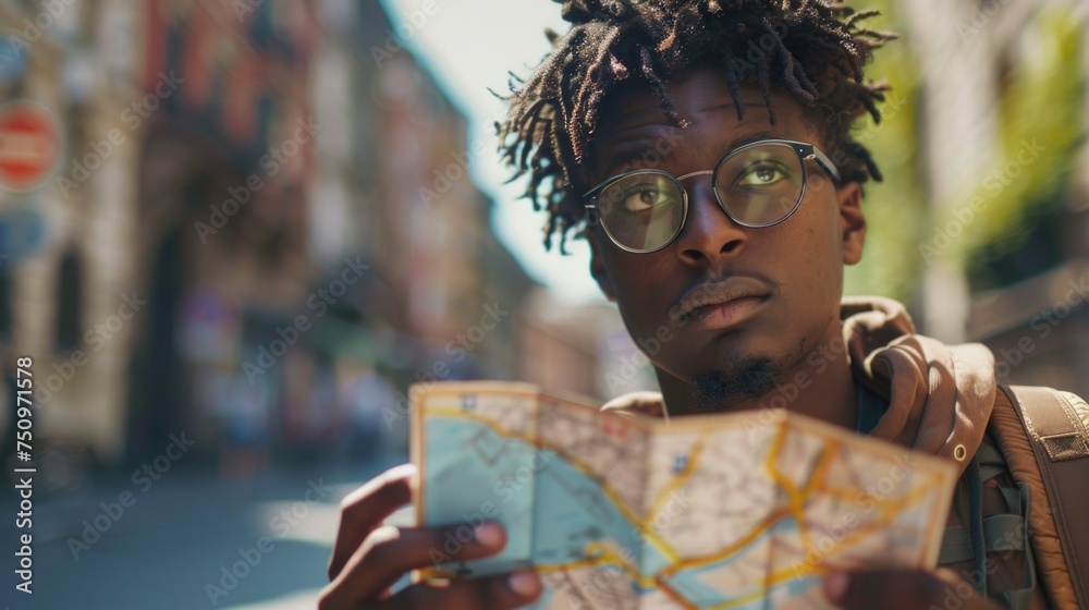 Poster a man carefully examines a map, trying to navigate his way