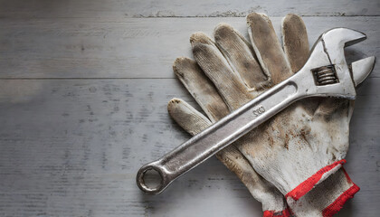 Wrench, old tools and dirty gloves, empty space