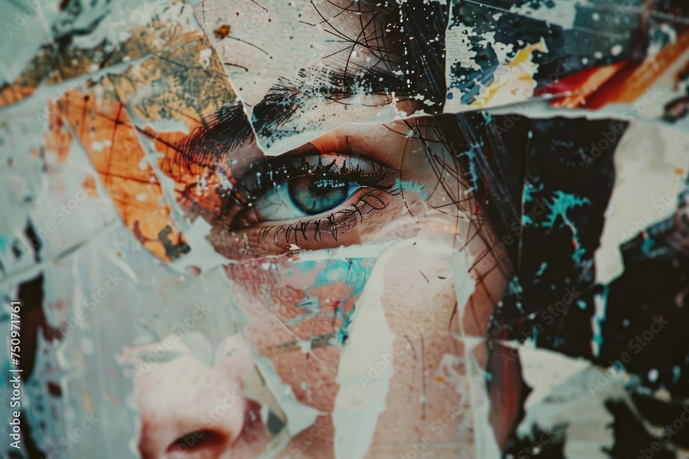 Poster Close up of a person's face with torn glass, suitable for illustrating themes of vulnerability and danger