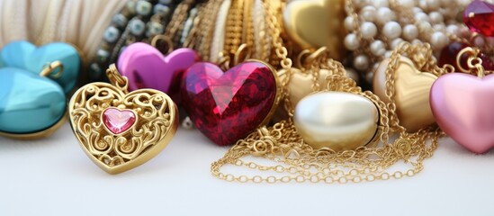 A collection of heart-shaped necklaces in various styles, including lockets, keychains, and charms, are neatly arranged on top of a table. The necklaces are predominantly gold in color with a mix of