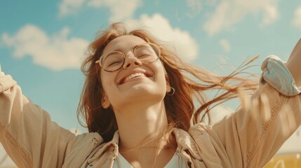 A woman with glasses smiling and raising her arms in joy. Suitable for lifestyle and happiness concepts