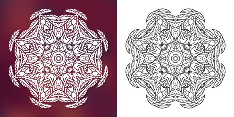 Intricate mandala art. Adult coloring page with zentangle elements. 