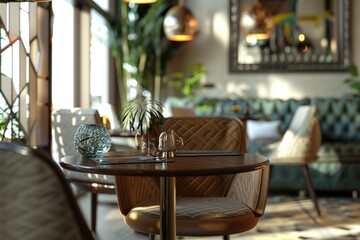 A simple wooden table with a decorative vase on top. Suitable for home decor concepts