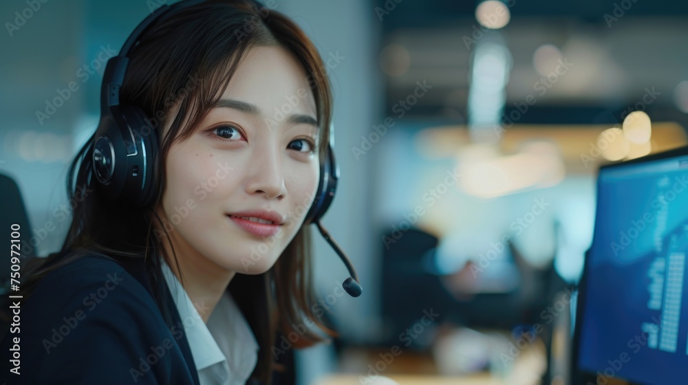 Poster a woman wearing a headset sitting in front of a computer. suitable for business or technology concep
