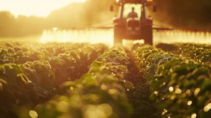 A tractor driving through a field of crops, suitable for agriculture concepts