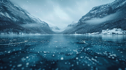 Cracks on the surface of the blue ice. Frozen lake in winter mountains. It is snowing. The hills of...