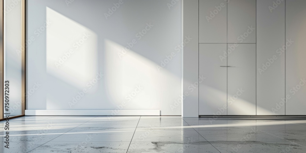 Poster A simple image of an empty room with a door and a window. Suitable for various design projects
