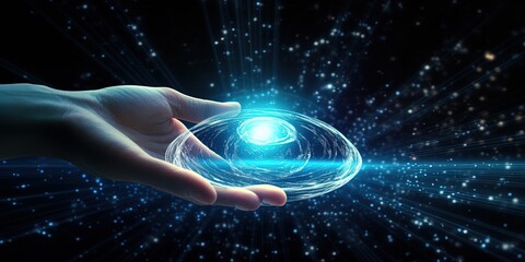 Hand touching a spinning vortex of data and light particles, data flow and processing visualisation backgrounds