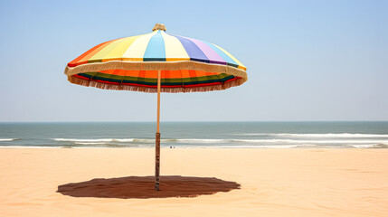 A tranquil beach scene with a colorful sun umbrella casting shade on the golden sands, inviting relaxation and enjoyment on a sunny day by the sea.