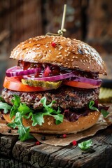 Delicious hamburger with lettuce, tomato, and pickles. Perfect for food concepts