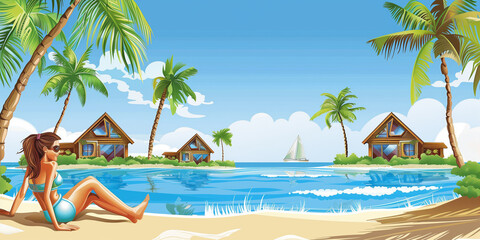 Fototapeta premium An illustration of a woman with a ponytail sitting on a beach beside the ocean, with hotel bungalows visible in the distance