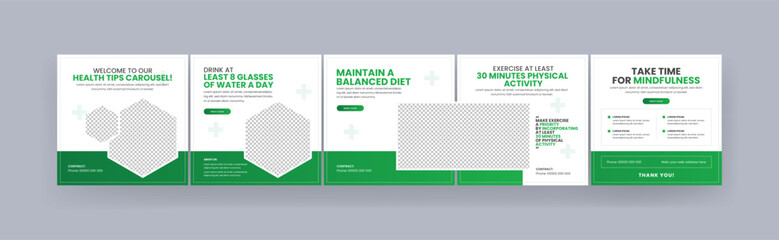 Health tips editable Instagram carousel social media post, modern and minimal gradient carousel banner design template, vector illustration © Effectmaster