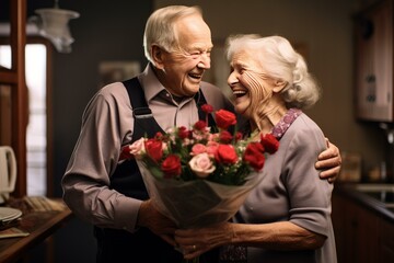 Senior man surprises wife with flowers. Happy romantic couple on valentines day. Generate Ai
