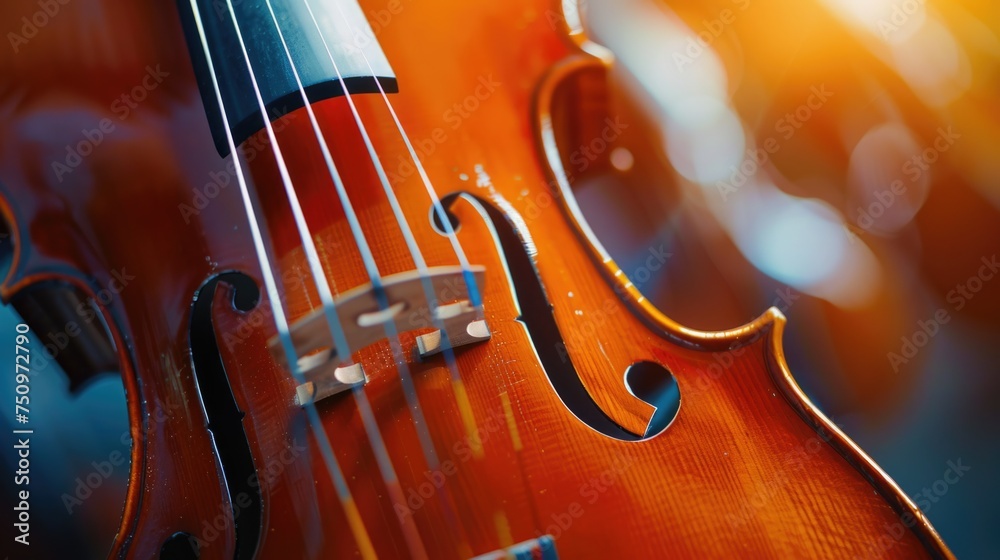 Poster Detailed shot of a violin with strings. Suitable for music-related projects