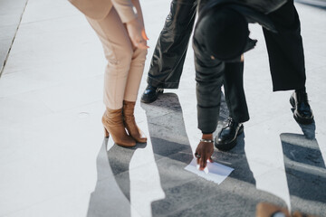 Businesswoman dropping paper and male colleague helping to pick it up.