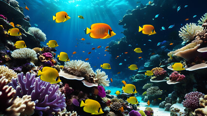 Fototapeta na wymiar Dive into the depths of an underwater wonderland, where coral reefs explode with bright and bold colors. Exotic fish swim through crystal-clear waters, creating a mesmerizing aquatic scene