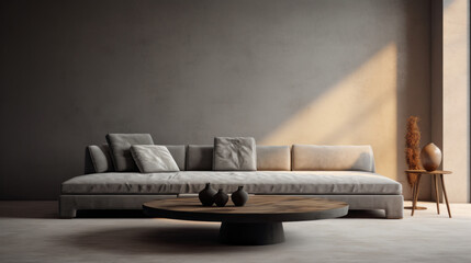 A sophisticated living room with textured walls and a minimalist design, boasting a grey couch and a round coffee table