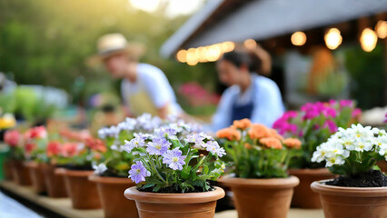 Colorful flowers in pots on the table and blurred background of people working in the garden. - 750972993