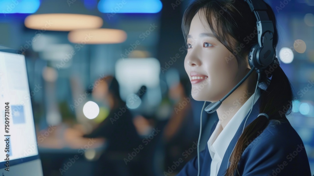 Aufkleber A woman sitting in front of a computer with a headset on. Suitable for technology and customer service concepts