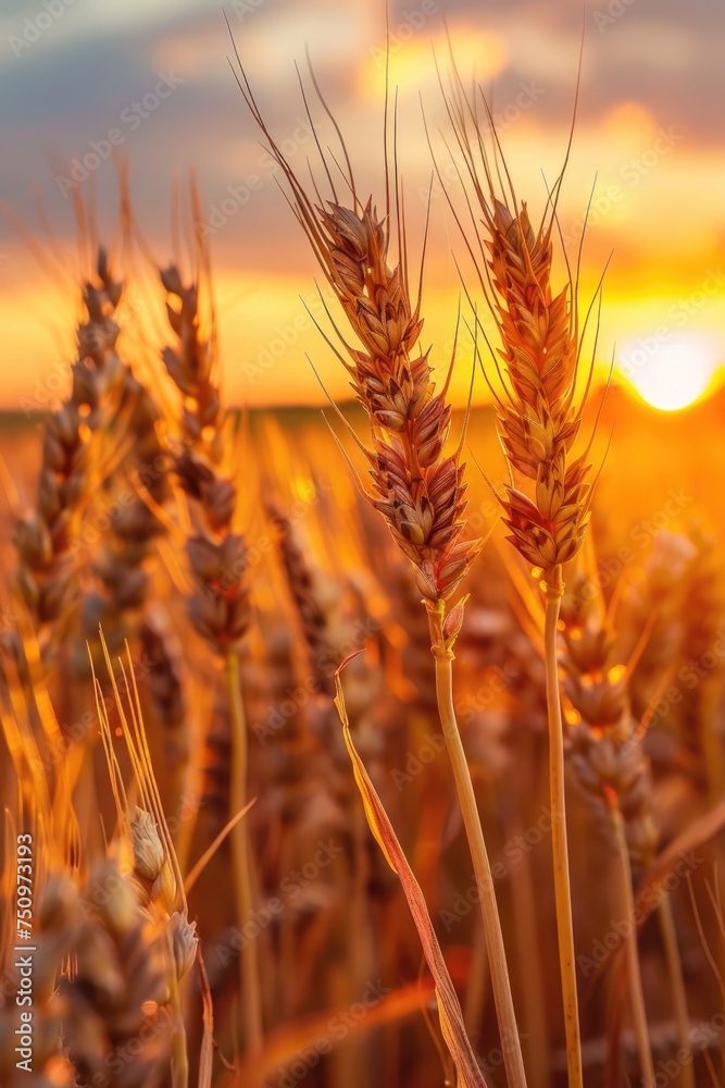 Poster a beautiful wheat field with the sun setting in the background. suitable for nature or agriculture c