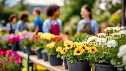 selective focus of multiethnic gardeners with flowers in pots - 750973102