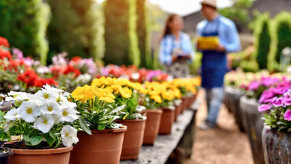 Colorful flowers in pot on blurred background of people working in the garden center