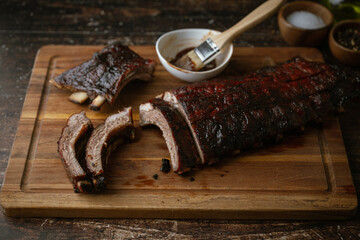 sliced barbeque spare ribs on wooden board