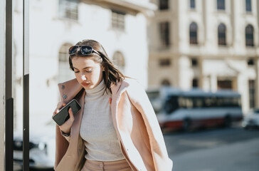 Young businesswoman in a stylish coat engaged with her smart phone. Urban setting with sunlight and buildings in the background.