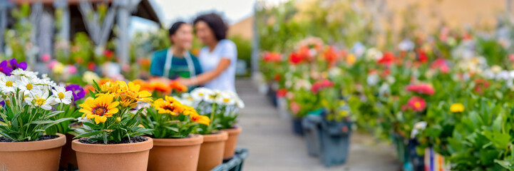 Panoramic view of two young women working in a garden center. Colorful flowers in pots for sale in spring summer season
